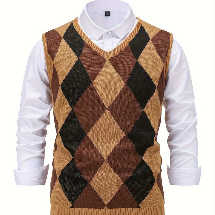 Heren pullover | Gebreide v-hals trui zonder mouwen met ruitpatroon