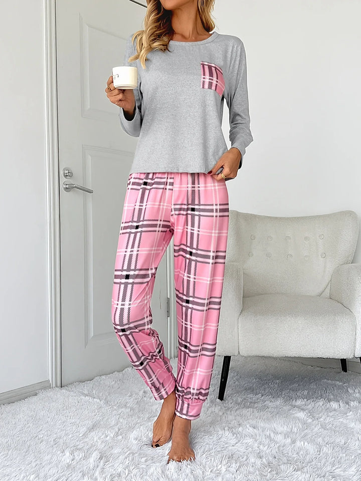 Dames pyjama set | Roze geruite broek met grijs shirt