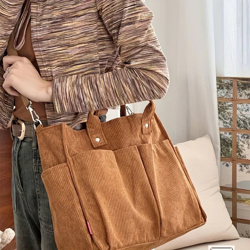Dames tas | Gele corduroy tote met schouderband en vakken