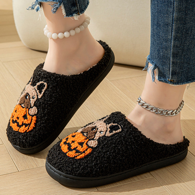Pumpkin Pup Pantoffels | Warme dames sloffen met hond en pompoenprint