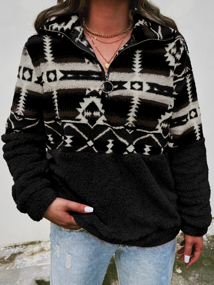 Dames sweater | Teddy fleece trui met halve rits en aztec print