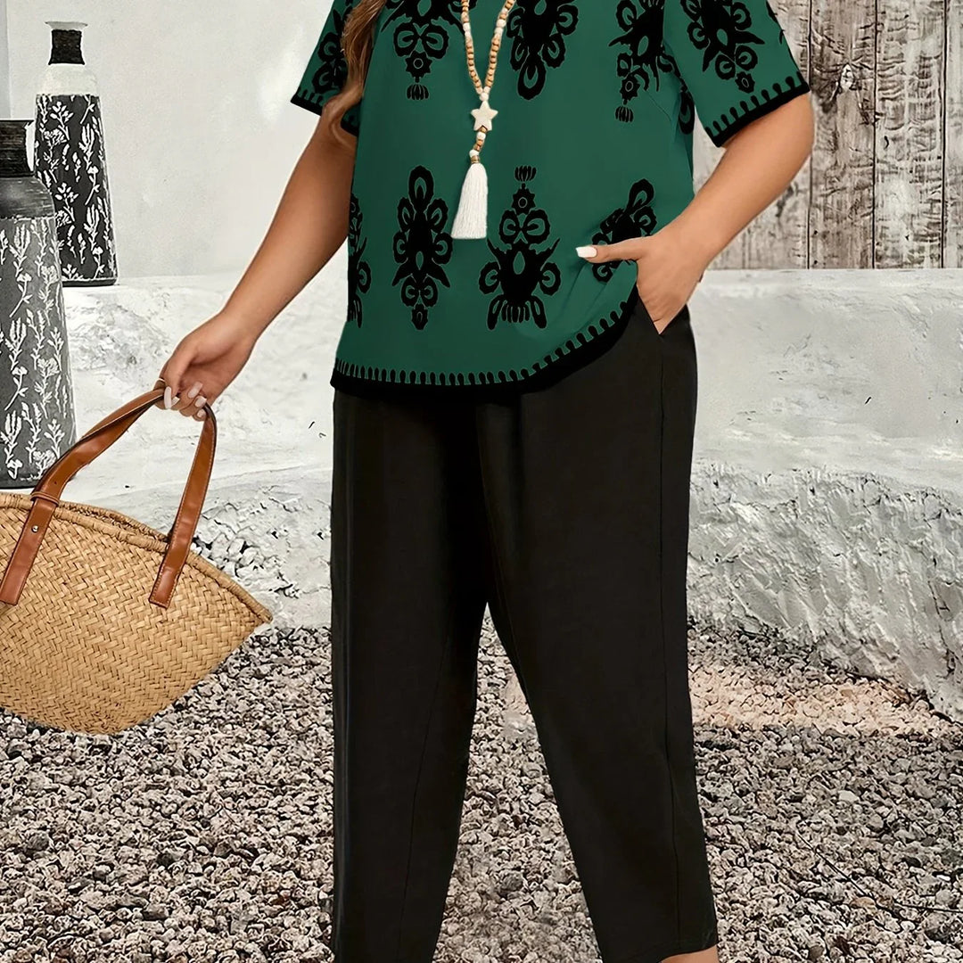 Dames set | Plus size co ord outfit met print top en broek