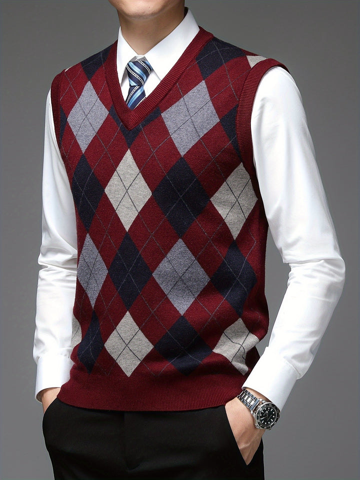 Heren pullover | Argyle gebreide trui zonder mouwen v-hals