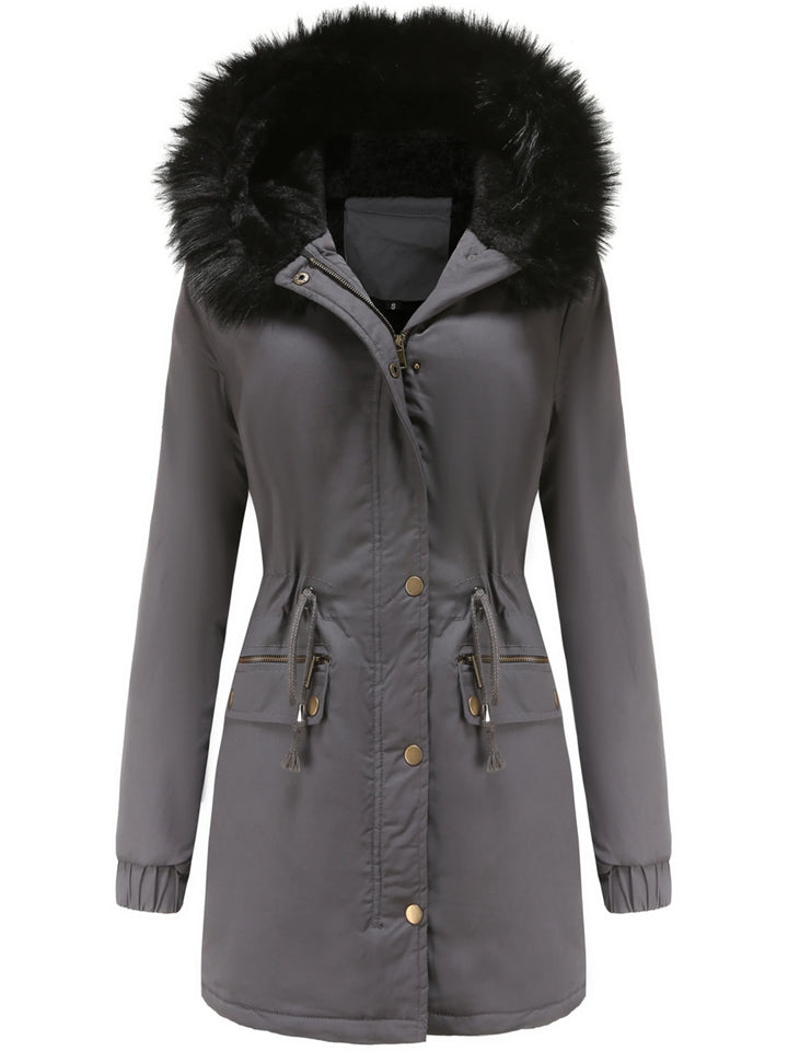 Dames parka jas | Lange winterjas met bontkraag en taillekoord
