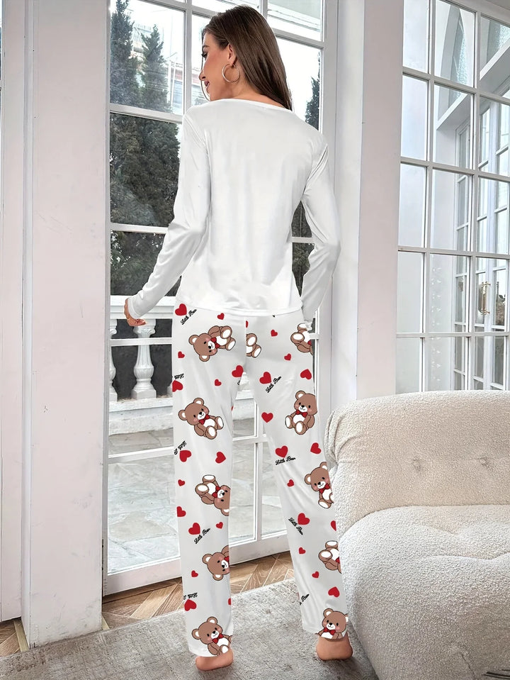 Dames pyjama set | Teddybeer print met lange mouwen