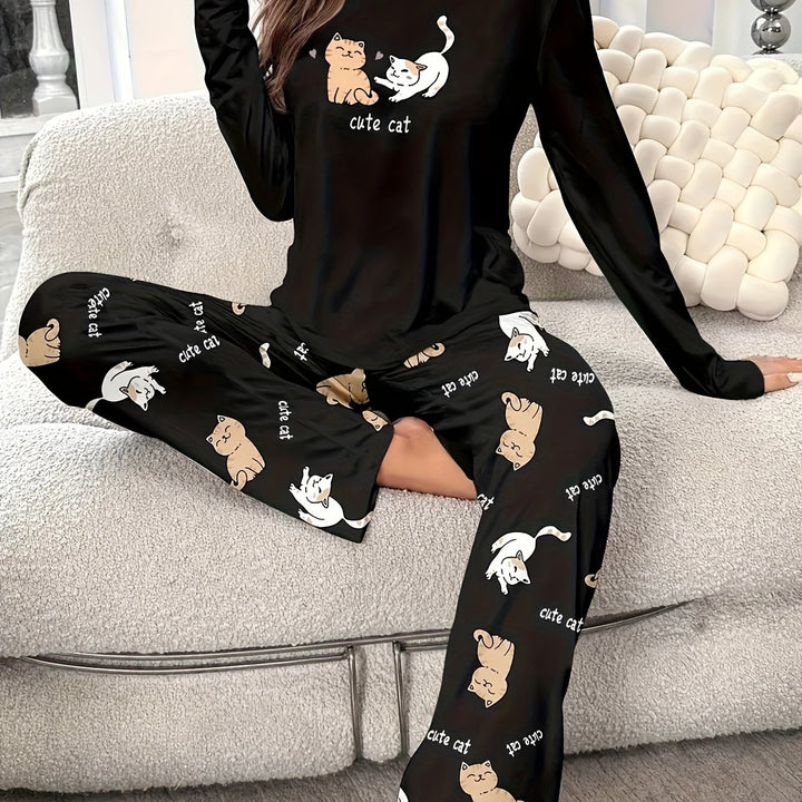 Dames pyjama set met kattenprint | Lange mouw en broek