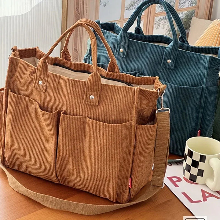 Dames tas | Gele corduroy tote met schouderband en vakken