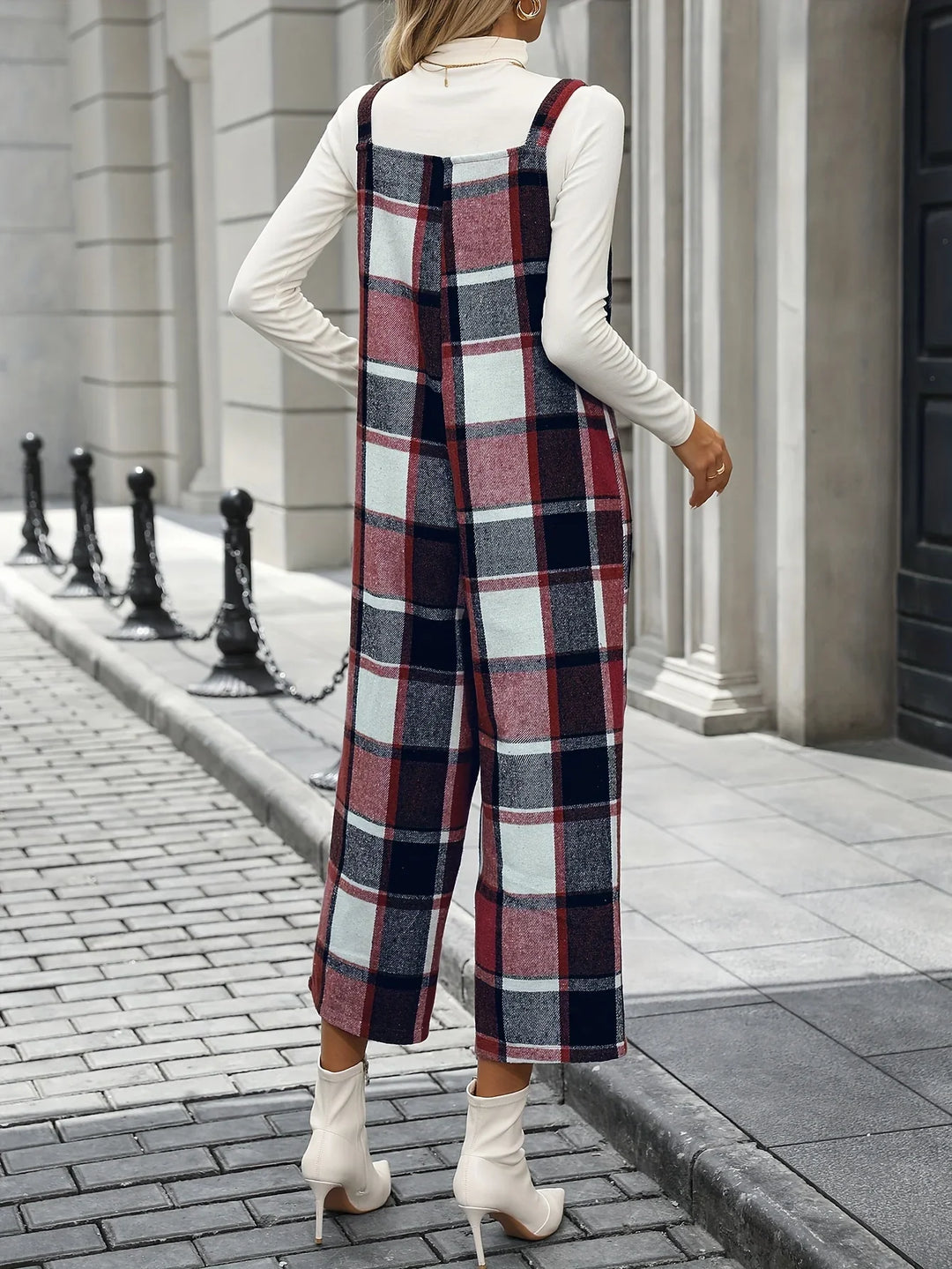 Dames jumpsuit | Ruit broekpak met square neck en wijde pijpen