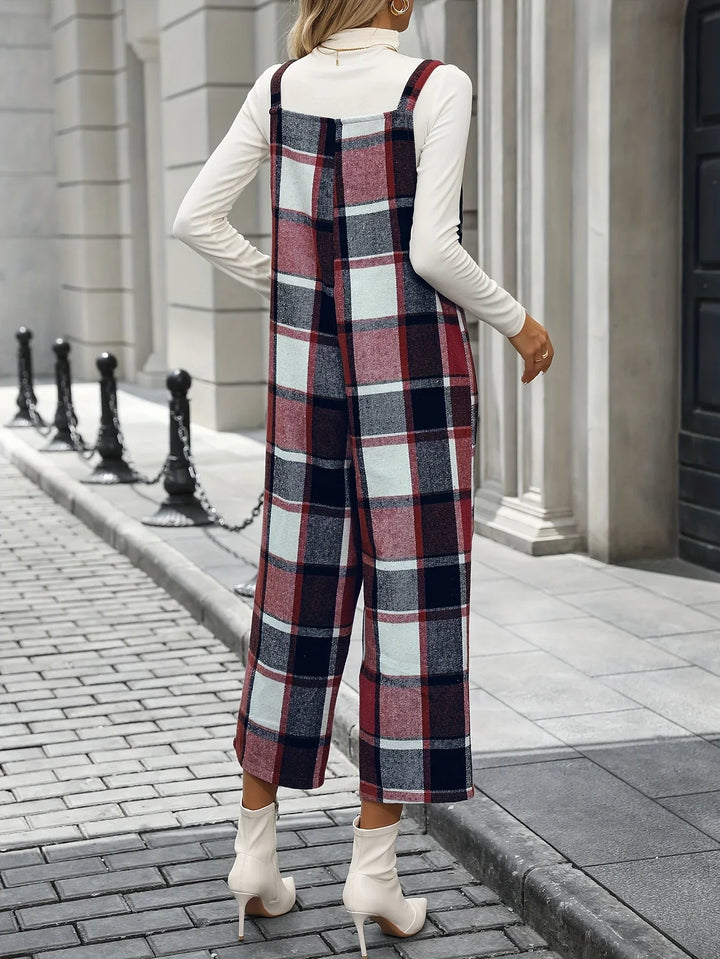 Dames jumpsuit | Ruit broekpak met square neck en wijde pijpen