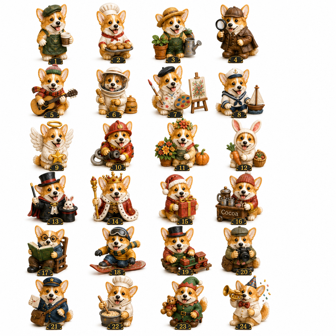 Adventskalender 2026 | 24 unieke corgi hondenfiguurtjes