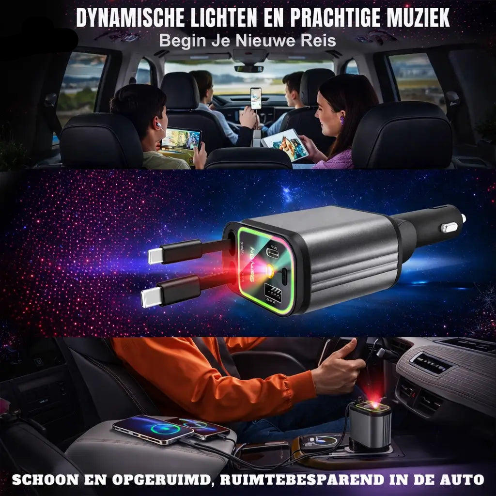 Auto oplader | 120w snellader met rgb sterrenprojector