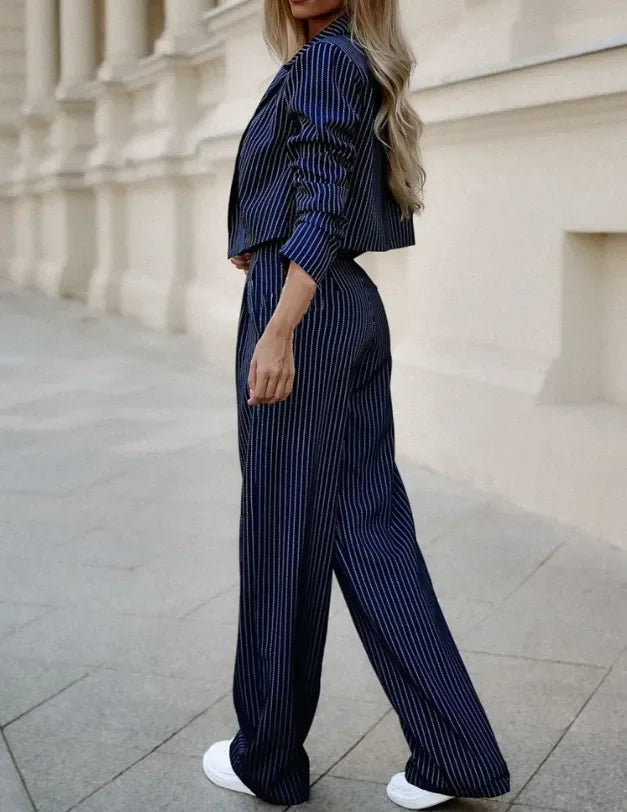 Dames pak | Blauw krijtstreep blazer met wijde pantalon