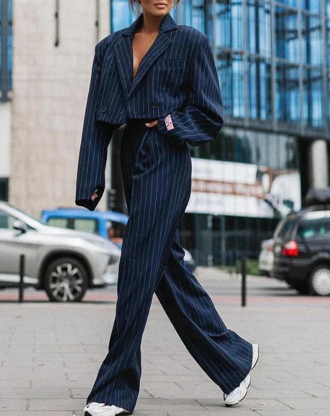 Dames pak | Blauw krijtstreep blazer met wijde pantalon