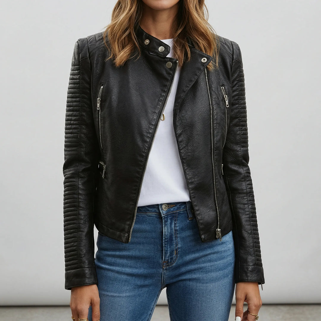 Bikerjas dames | Zwarte leren look jas met rits en opstaande kraag