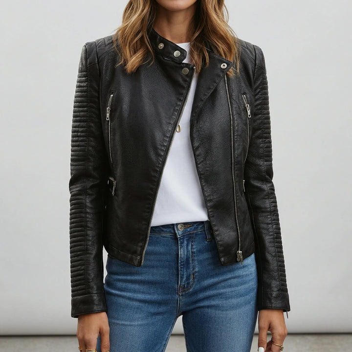 Bikerjas dames | Zwarte leren look jas met rits en opstaande kraag