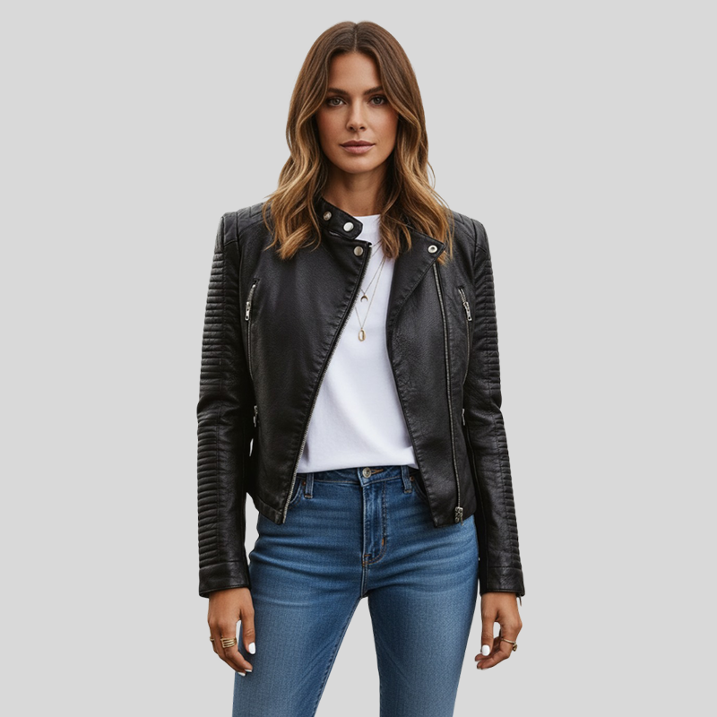 Bikerjas dames | Zwarte leren look jas met rits en opstaande kraag