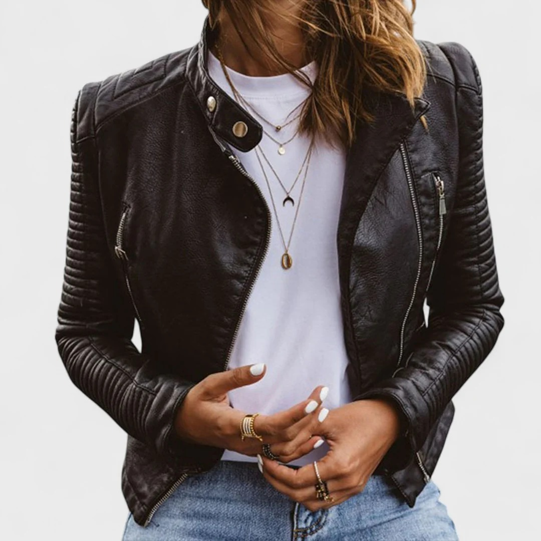 Bikerjas dames | Zwarte leren look jas met rits en opstaande kraag