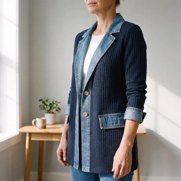 Blazer dames | Lang model met denim details en reverskraag