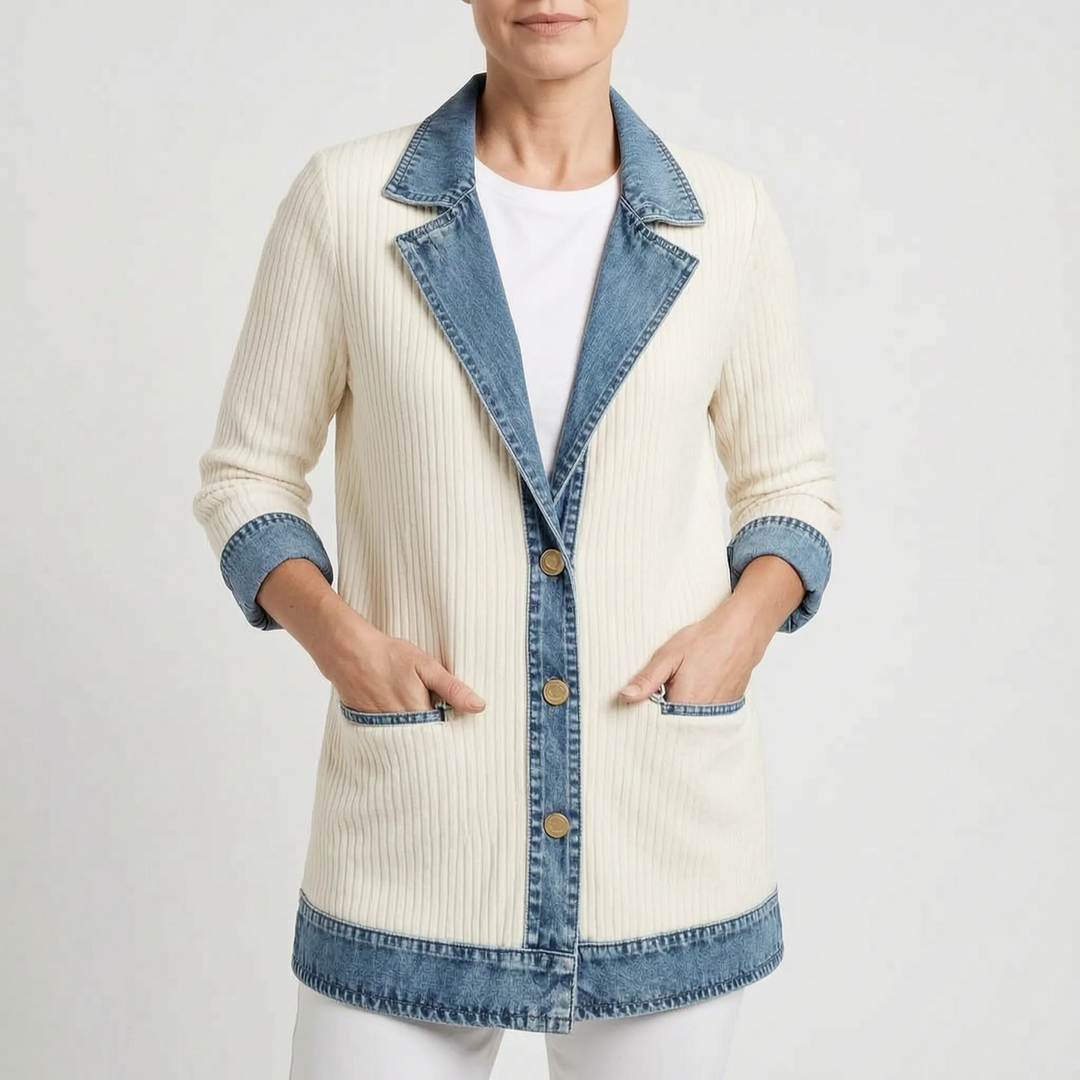 Blazer dames | Lang model met denim details en reverskraag