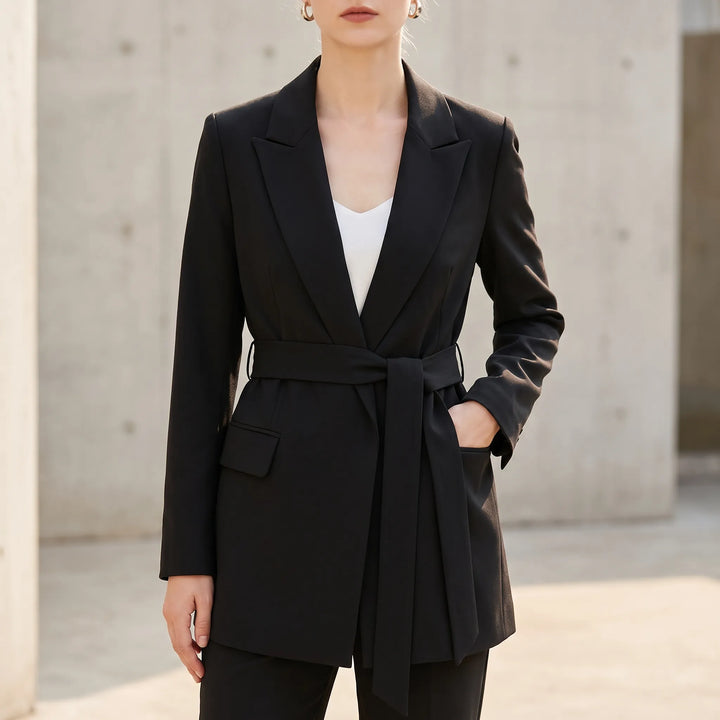 Blazer dames | Lange blazer met ceintuur en reverskraag