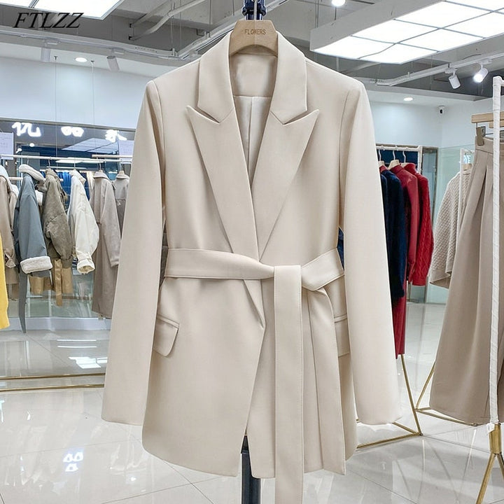 Blazer dames | Lange blazer met ceintuur en reverskraag