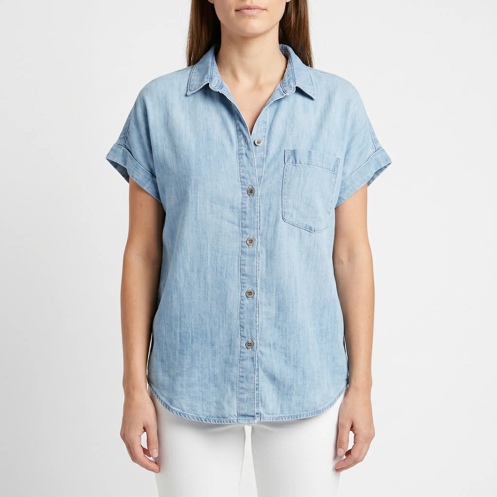 Blouse dames | Denim blouse met korte mouw en borstzak