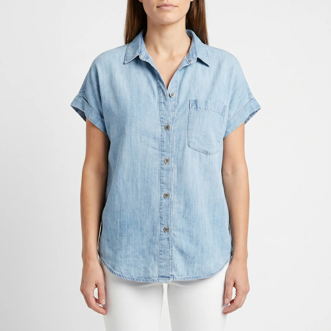 Blouse dames | Denim blouse met korte mouw en borstzak
