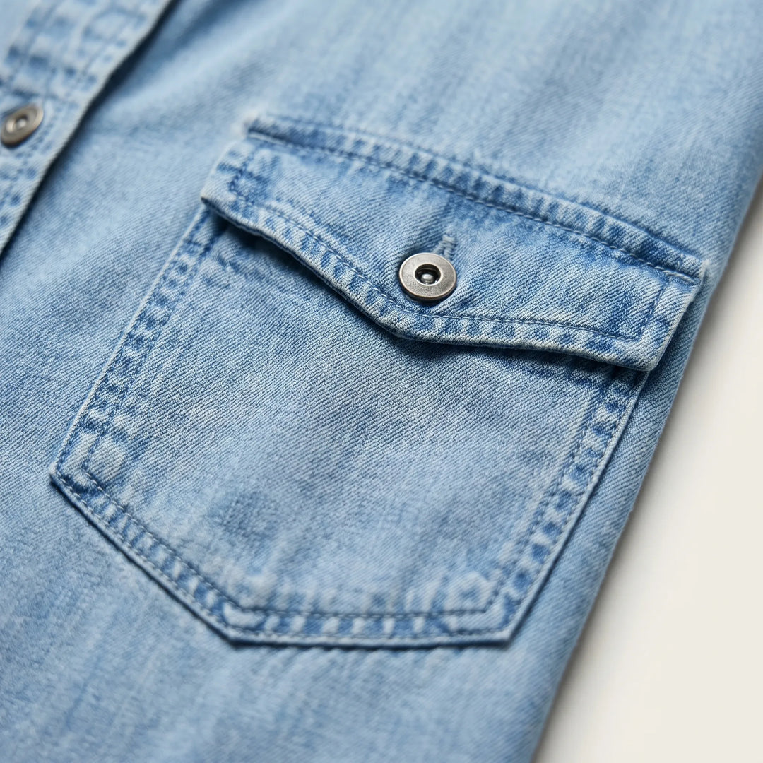Blouse dames | Denim blouse met korte mouw en borstzak