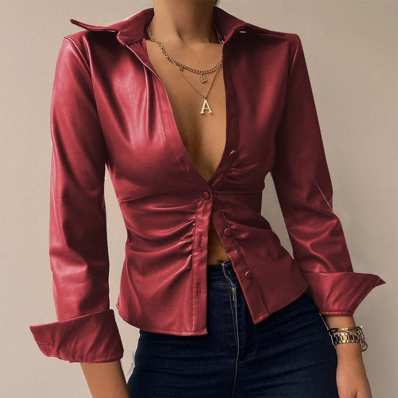 Blouse dames | Getailleerde v-hals blouse met lange mouw