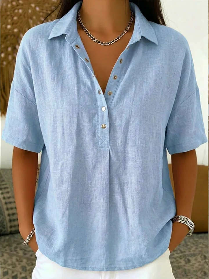 Blouse dames | Luchtige korte mouw met knopen en kraag
