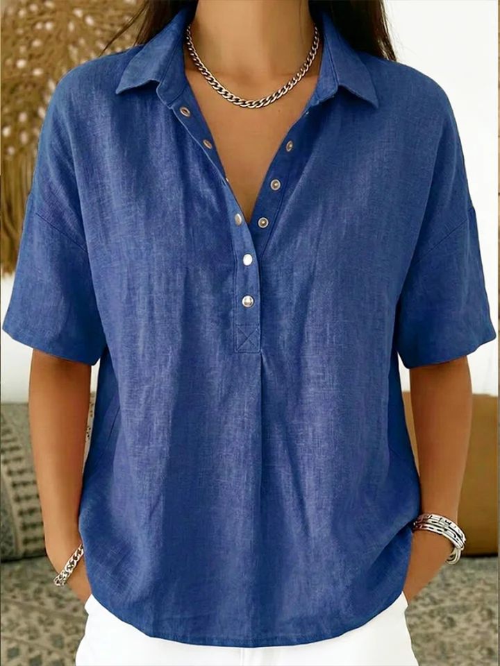 Blouse dames | Luchtige korte mouw met knopen en kraag