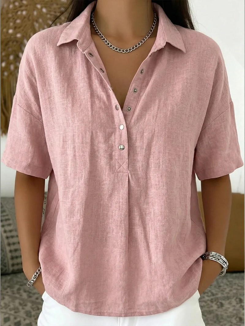 Blouse dames | Luchtige korte mouw met knopen en kraag