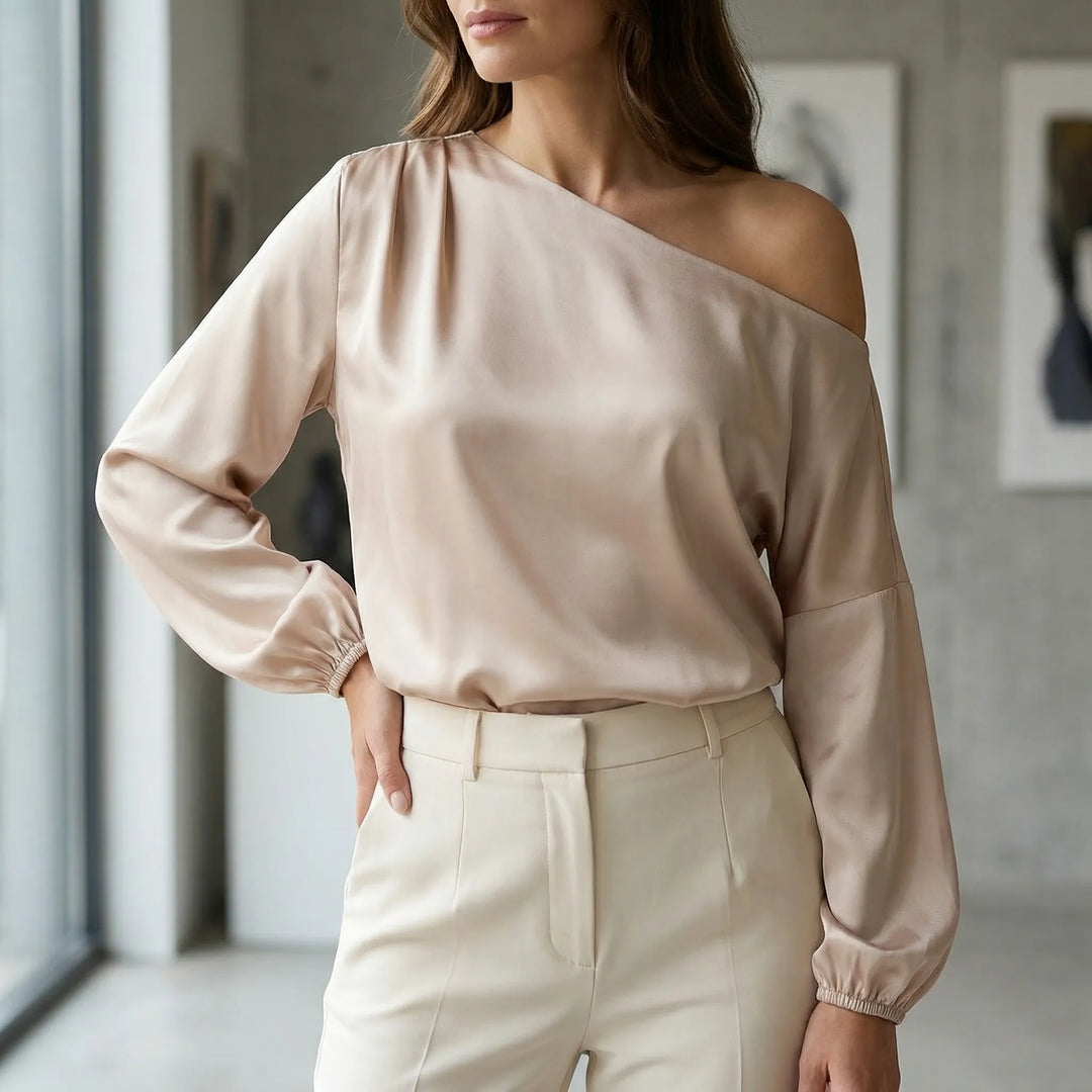 Blouse dames | One shoulder blouse met satijn look en ballonmouwen
