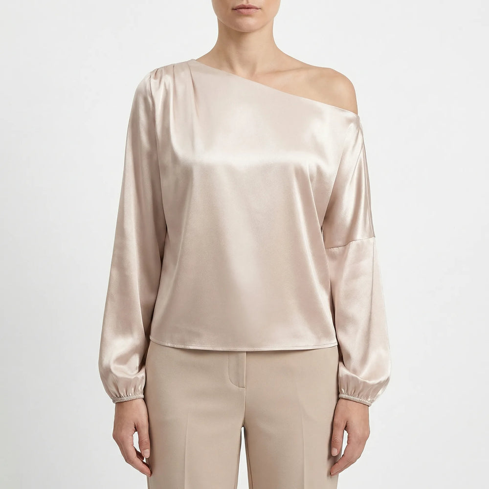 Blouse dames | One shoulder blouse met satijn look en ballonmouwen