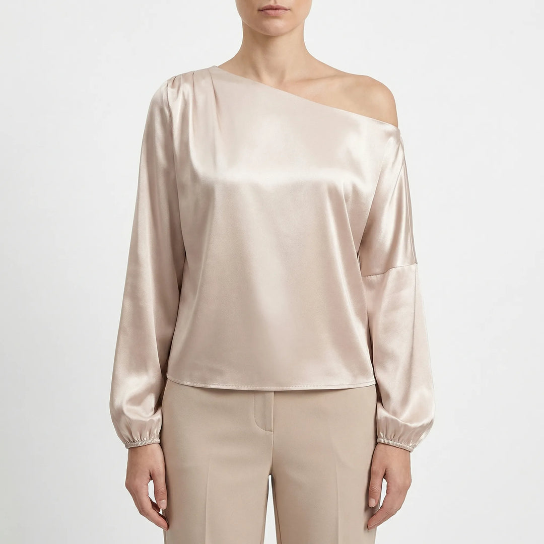 Blouse dames | One shoulder blouse met satijn look en ballonmouwen