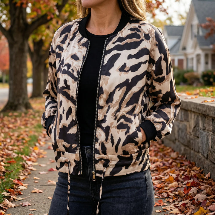 Bomberjack dames | Animal print jasje met rits en boorden