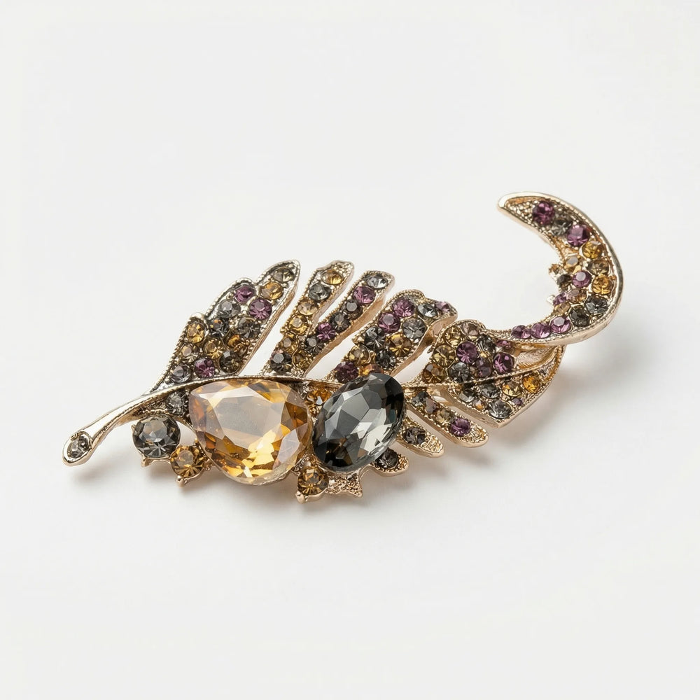 Broche dames | Bladmotief broche met kristallen