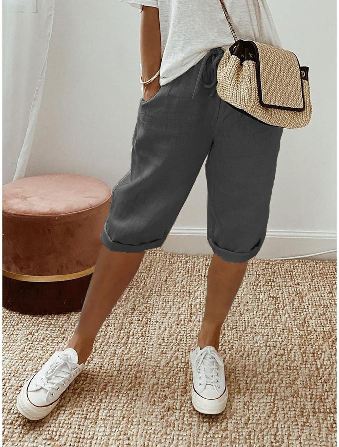 Broek dames | Capri broek met elastische taille en zakken