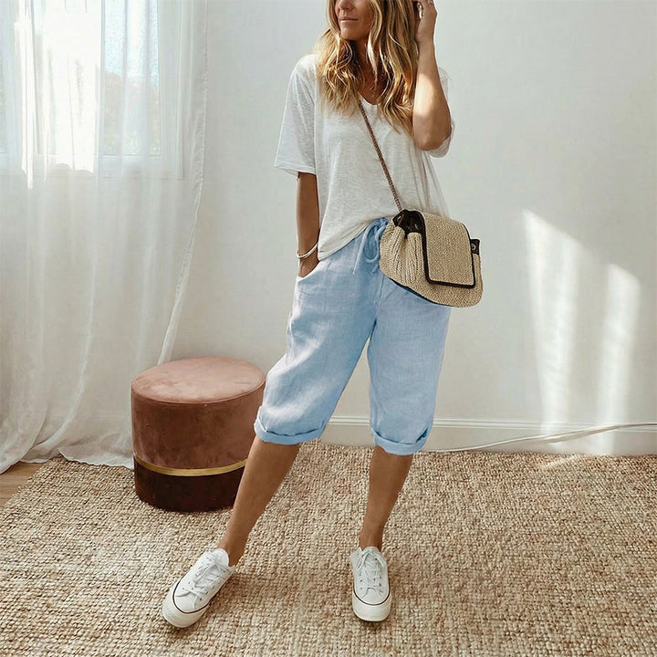 Broek dames | Capri broek met elastische taille en zakken