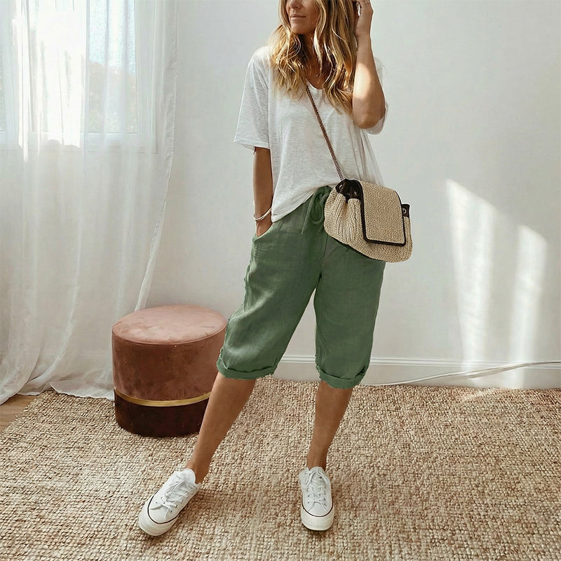 Broek dames | Capri broek met elastische taille en zakken