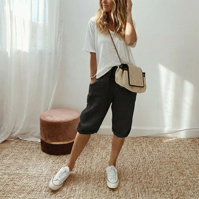 Broek dames | Capri broek met elastische taille en zakken