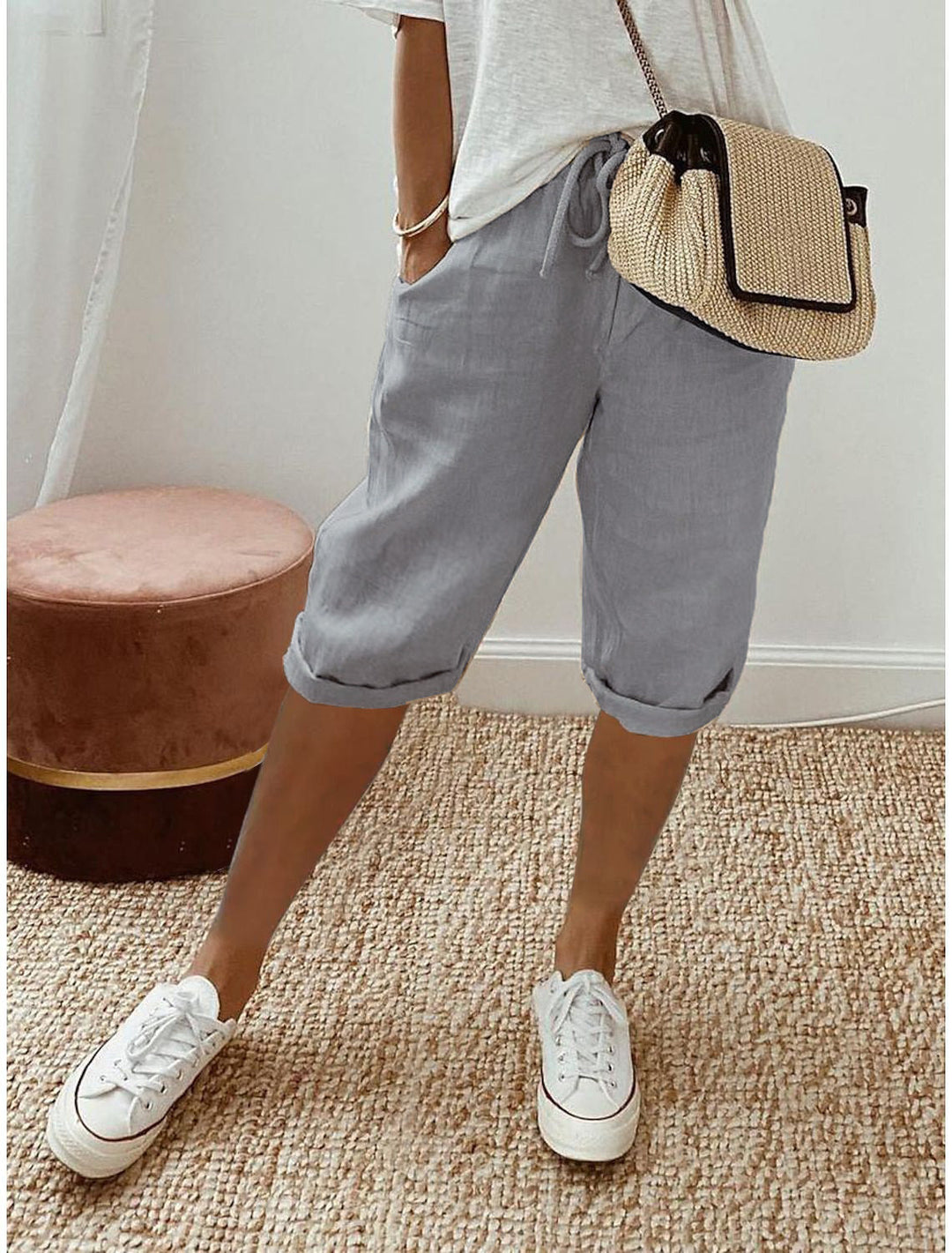 Broek dames | Capri broek met elastische taille en zakken