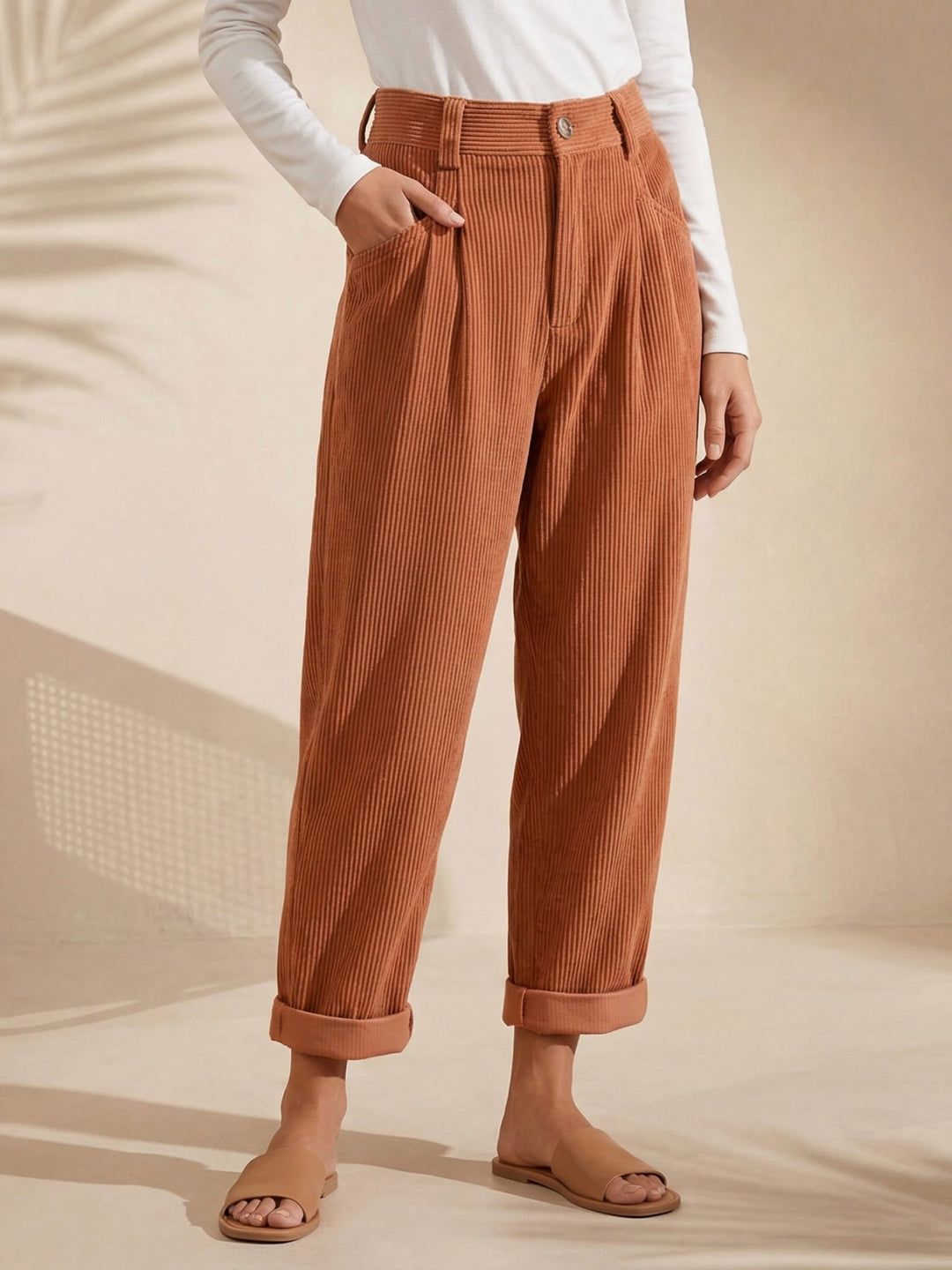 Broek dames | Corduroy broek met hoge taille en wijde pijpen