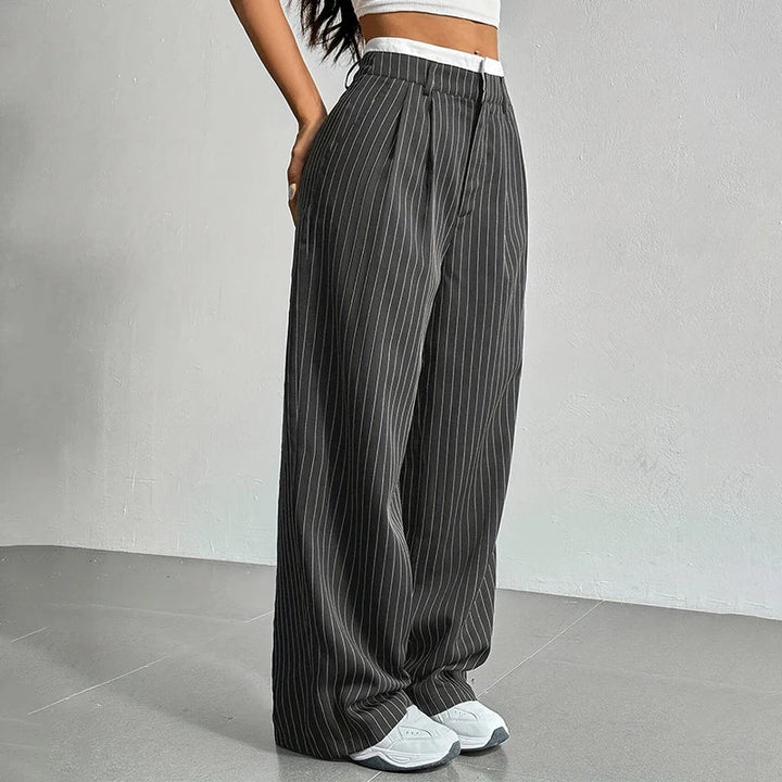 Broek dames | Wijde linnen look broek met strepen