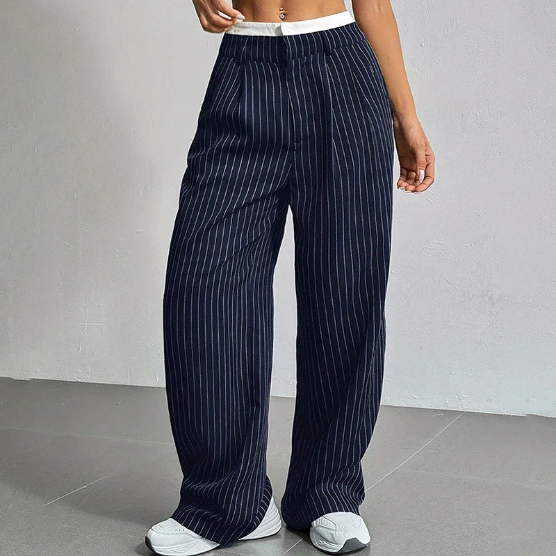 Broek dames | Wijde linnen look broek met strepen