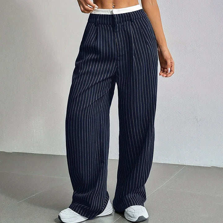 Broek dames | Wijde linnen look broek met strepen