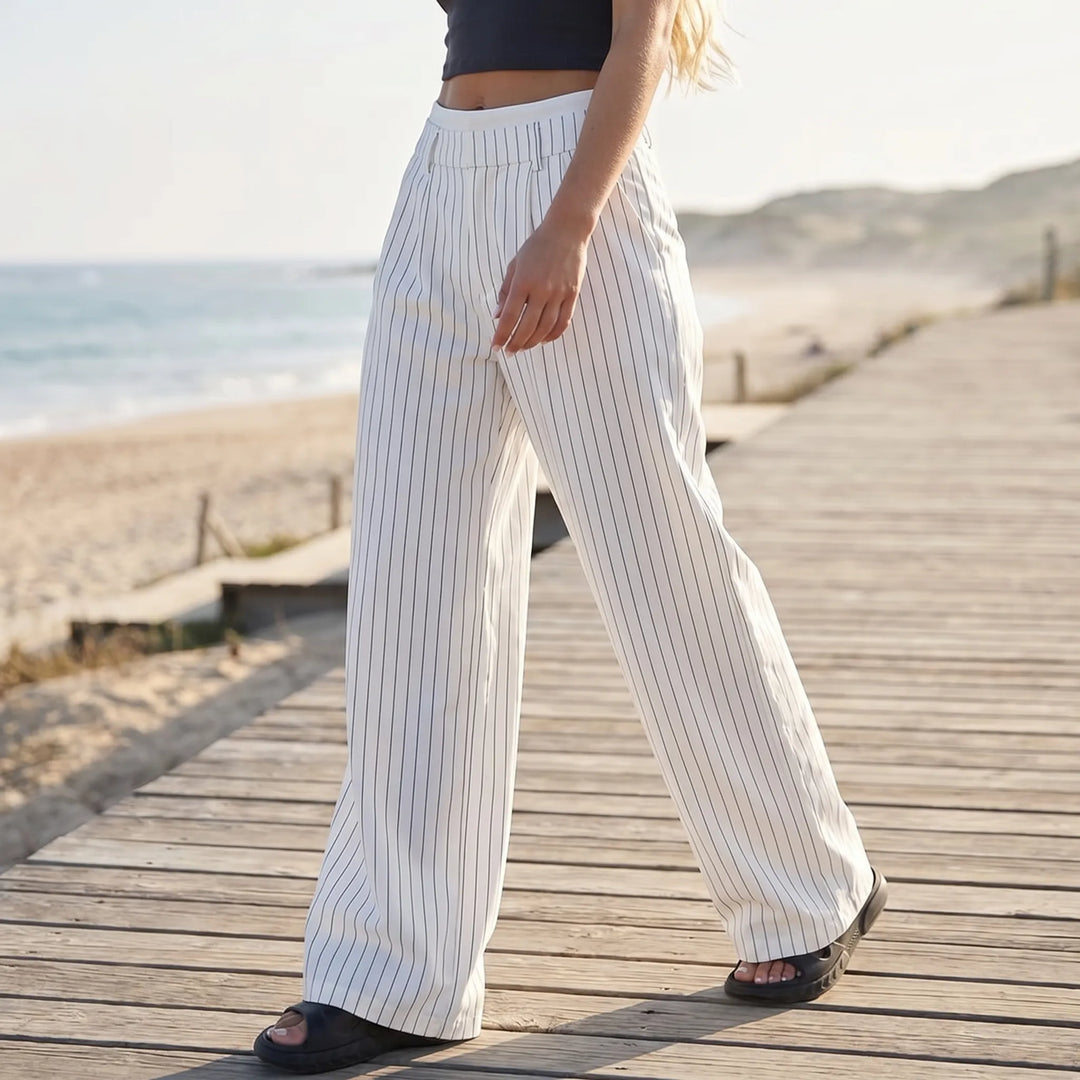Broek dames | Wijde linnen look broek met strepen