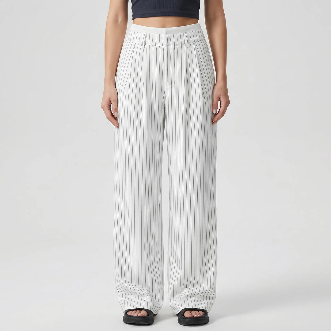 Broek dames | Wijde linnen look broek met strepen