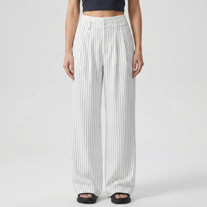 Broek dames | Wijde linnen look broek met strepen