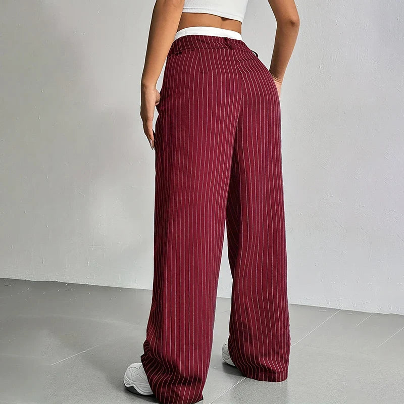 Broek dames | Wijde linnen look broek met strepen